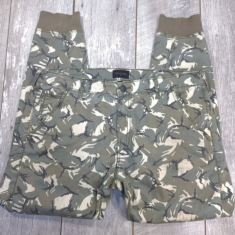 True Religion Jogger Pants Mens 38 Green Camo Runner Stretch Ribbed Streetwear